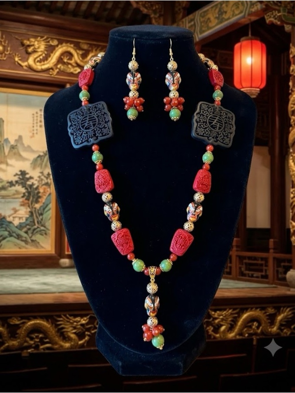Artisan Cinnabar and Cloisonné Necklace with Matching Earrings 🧁